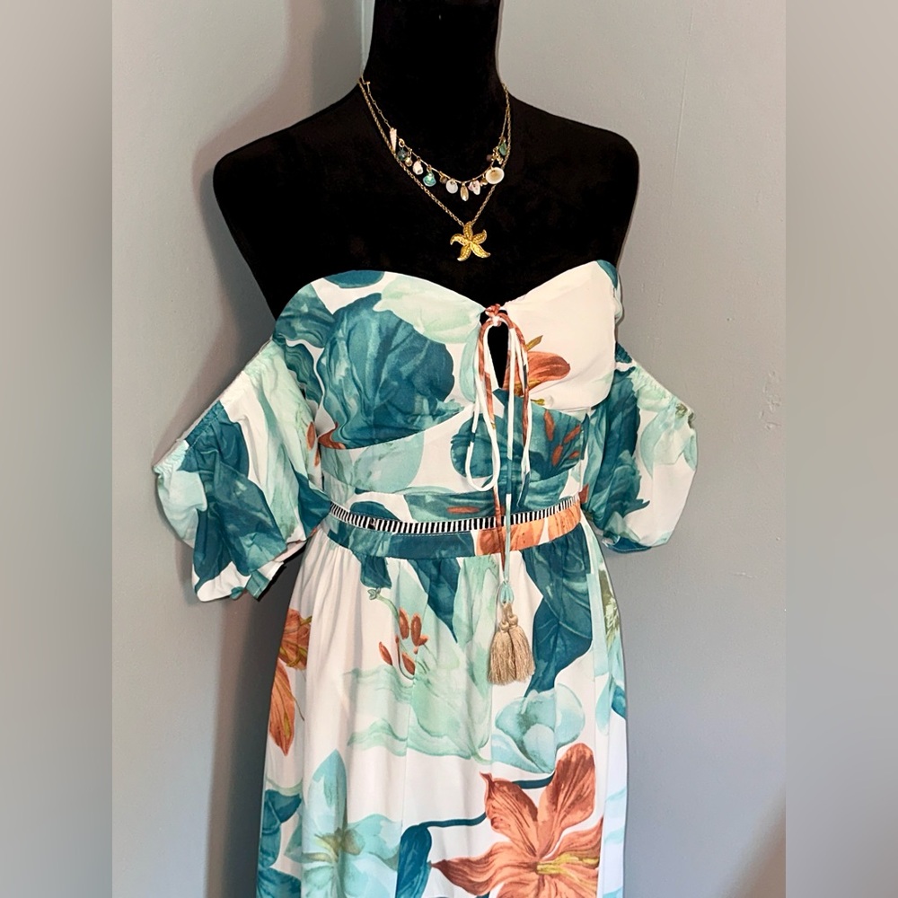 Chicways - Blue & Bronze Floral Off the Shoulder Maxi Dress - Sz L